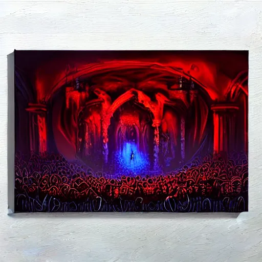 Image similar to metal band performing live on stage, gothic style with lights and large sound speakers, by Megan Duncanson and Raphael Lacoste, detailed 3d gothic oil painting