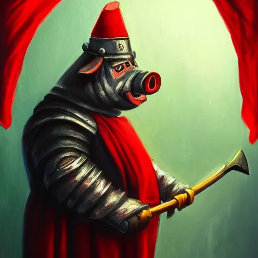 Image similar to a humanoid pig, wearing a crown, red cape and wielding a black axe, vivid colors, soft lighting, atmospheric, cinematic, moody, oil on canvas, 8 k