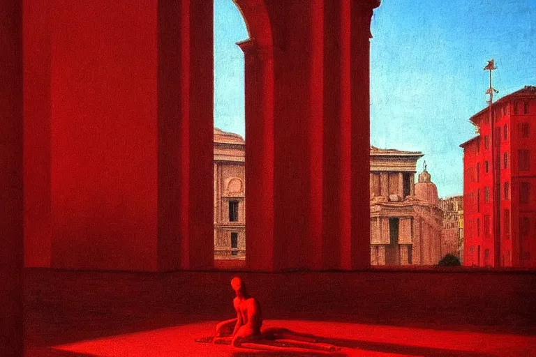 Image similar to only with red, caesar after war, a red tiger, in hoc signo vinces, rome in background, an ancient path, in the style of beksinski, part by hopper, part by rodcenko, part by hofbauer, intricate composition, red by caravaggio, insanely quality, highly detailed, masterpiece, red light, artstation