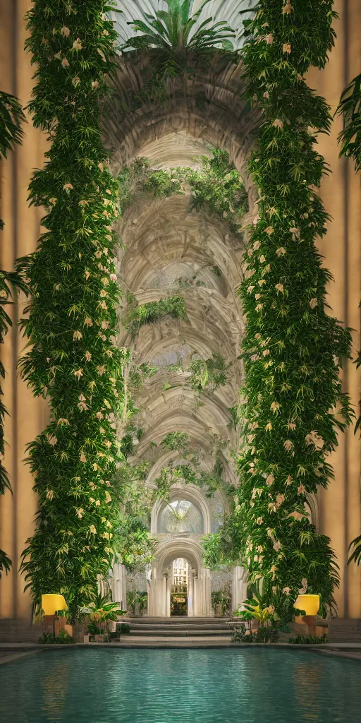 Image similar to grand cathedral interior with koi pond in the middle surrounded by palm trees, ivy, flowers, tropical plants, roses, and with archways, rendered in octane render with photorealistic cinematic volumetric lighting, cinematic, centered, horizontal symmetry