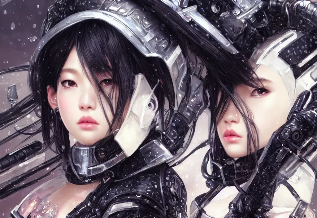 Image similar to portrait lisa blackpink + black hair of futuristic female police, black armored uniform, at rooftop futuristic colorpunk tokyo rainy night, ssci - fi and fantasy, intricate and very very very beautiful, highly detailed, digital painting, artstation, concept art, smooth and sharp focus, illustration, art by tian zi and wlop and alphonse mucha