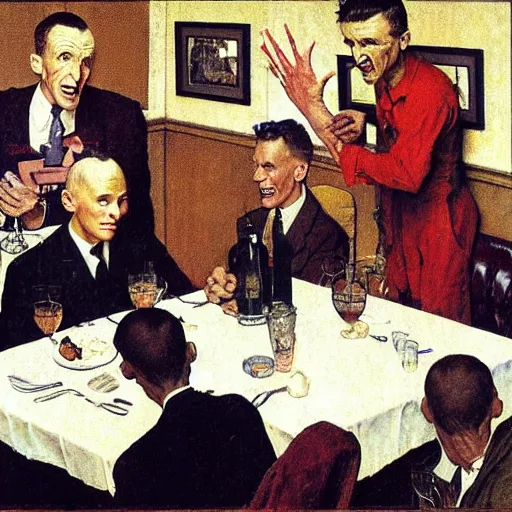 Prompt: the tallest man in the world gets himself into difficulties in a restaurant and threatens the horrified waiter, painted by norman rockwell and tom lovell and frank schoonover