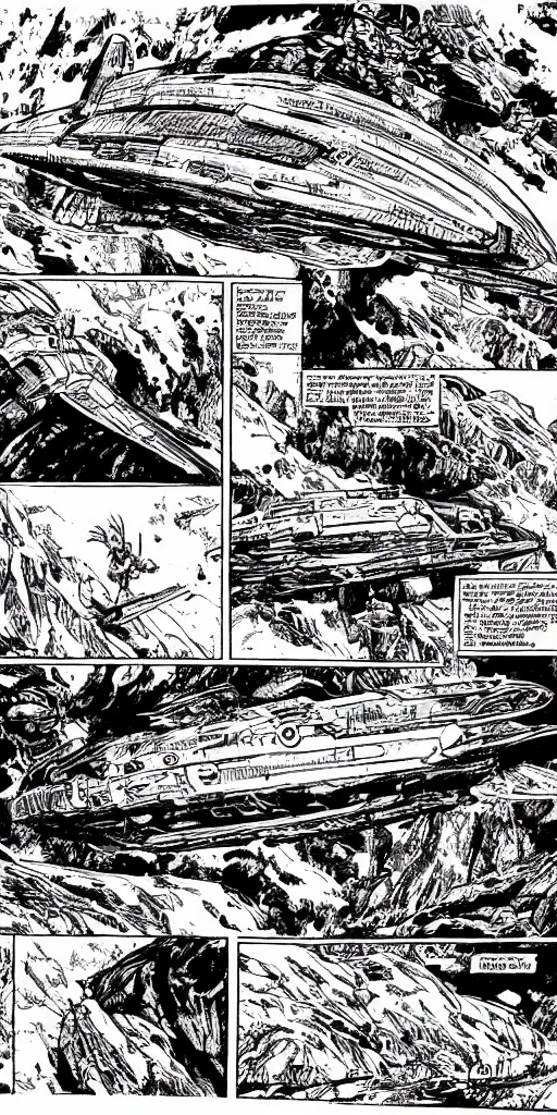 Image similar to full page scan of a comic book page of a giant spaceship landing in the Rocky Mountains, codex, rich colored ink, detailed, cinematic