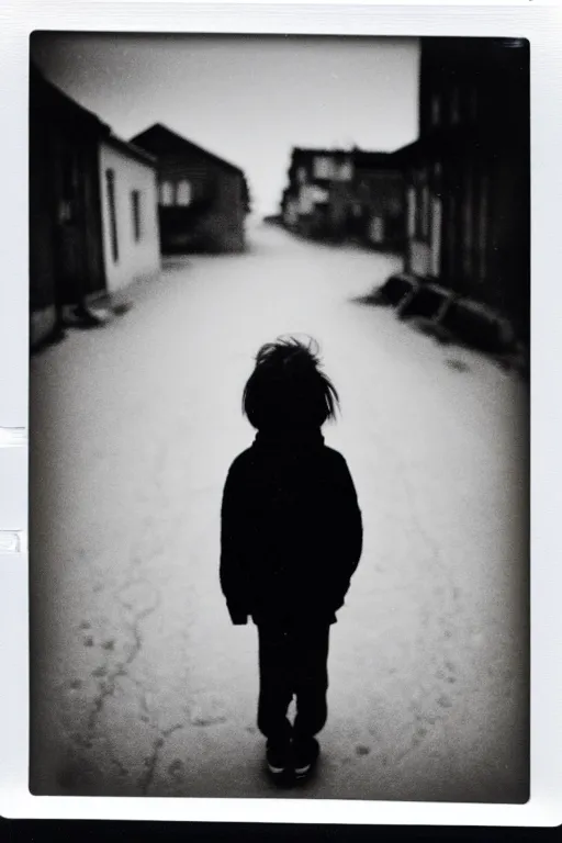 Image similar to photo polaroid of a sad and lonely child on a street in Greenland , melting ice, loneliness, black and white ,photorealistic, 35mm film,