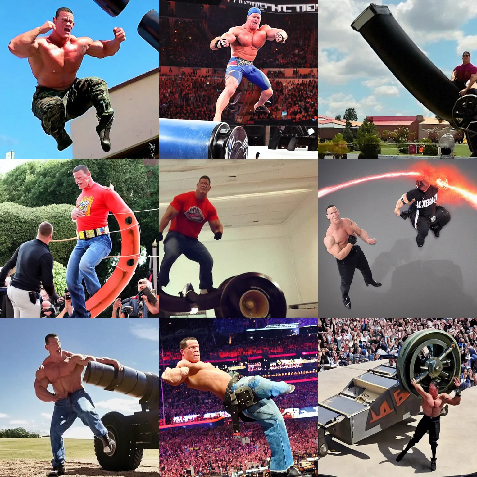 Prompt: john cena getting shot out of a cannon. The cannon says chonkers on it.