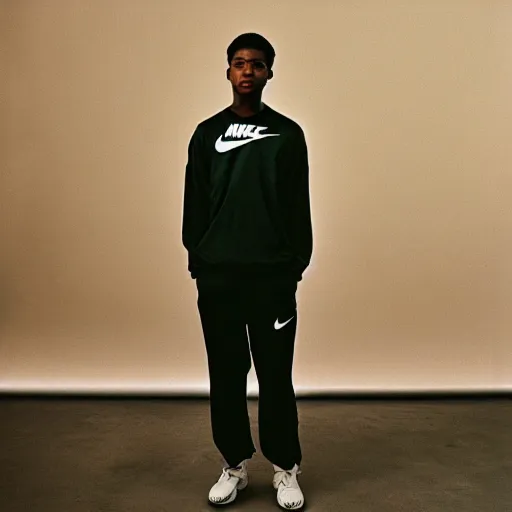 Image similar to realistic photoshoot for a new nike lookbook, color film photography, portrait of a beautiful person, in style of Tyler Mitchell, 35mm, graflex