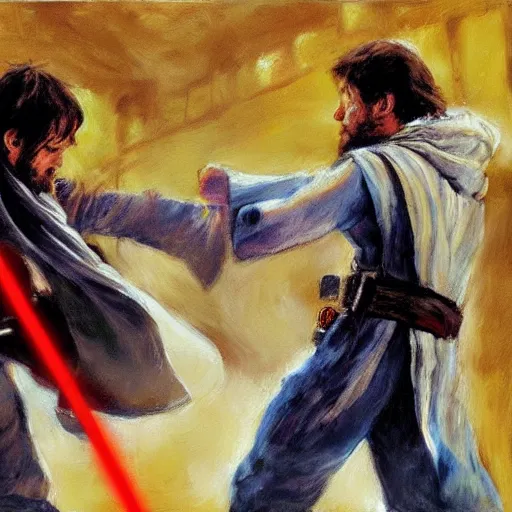 Prompt: obiwan fighting anakin with lightsabers impressionist painting