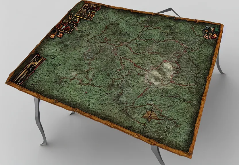 Image similar to “ king’s medieval war tactic table with a map on it, unfinished borders, 4k, 3D, view from the side”