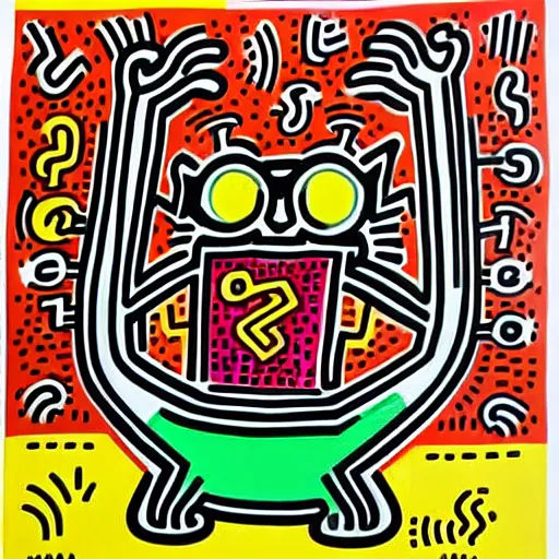 Prompt: a dancing cat with glasses by keith haring, detailed