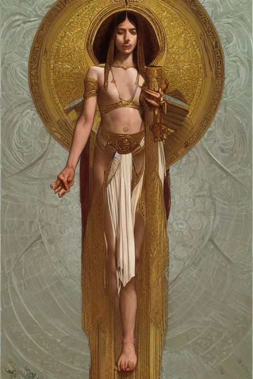 Image similar to a full body portrait of a beautiful ethereal delicate byzantine egyptian mage queen meditative sacral pose catholic stages of the cross, intricate, elegant, highly detailed, digital painting, artstation, concept art, smooth, sharp focus, illustration, art by krenz cushart and artem demura and alphonse mucha