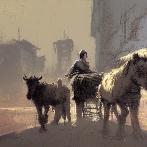 Image similar to pastel on canvas of Mary and Joseph being turned away from an inn at night, pack animals in the background, crowded city streets, ancient setting, looming desert walls, by Jeremy Mann, earthy tones, serious, anxiety, realistic, stylized, detailed, loose brush strokes