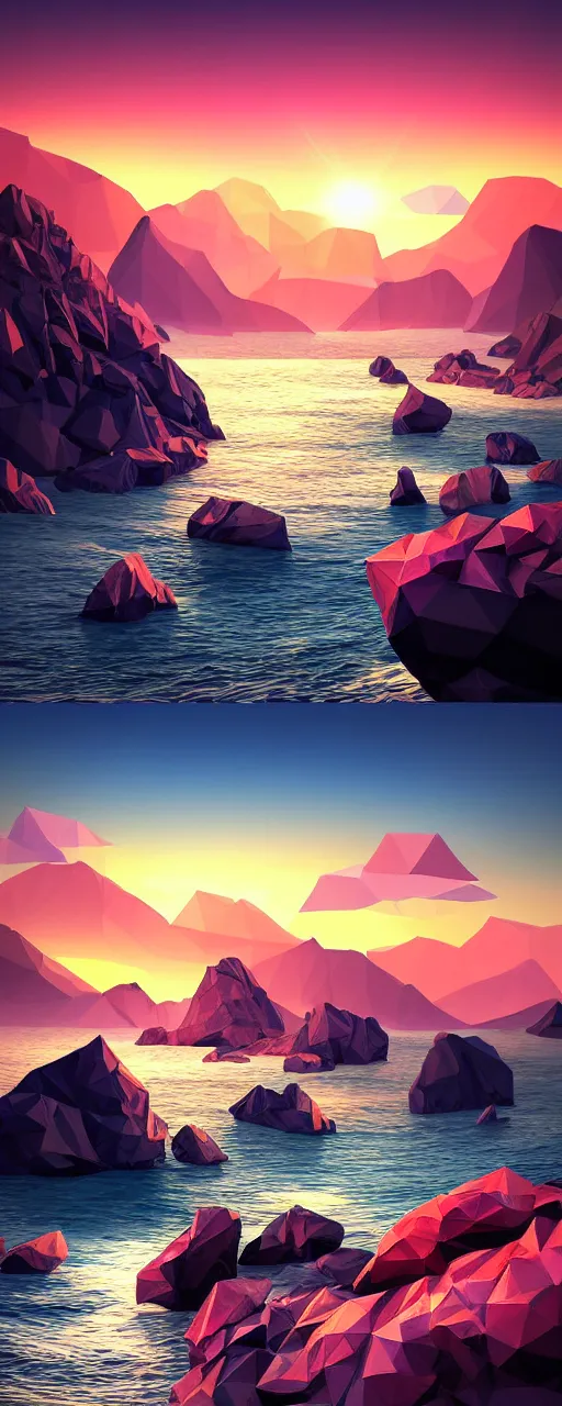 Prompt: super detailed color lowpoly art, northern sunset with rocks on front, monochrome photorealistic bay in the middle of perspective and mountains at background, big graphic ship in the middle of composition, unreal engine, high contrast color palette, 3 d render, lowpoly, colorful, digital art, perspective, robb cobb