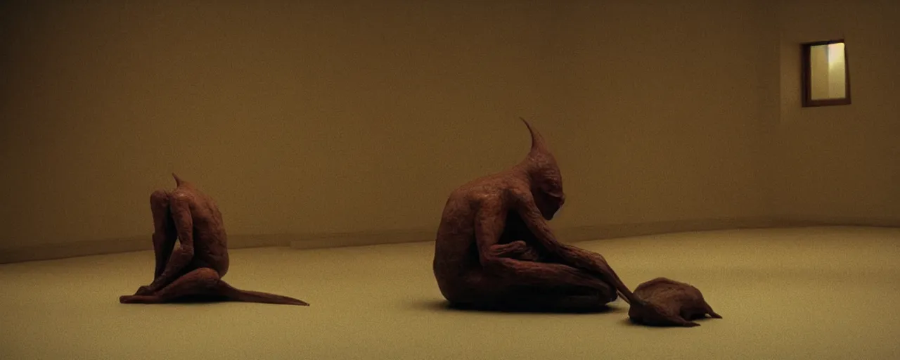 Image similar to a strange creature sits in the living room, film still from the movie directed by Denis Villeneuve with art direction by Zdzisław Beksiński, close up, telephoto lens, shallow depth of field