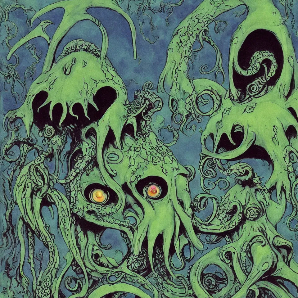 Image similar to art by roger dean. cute cthulhu icon avatar with a million eyes