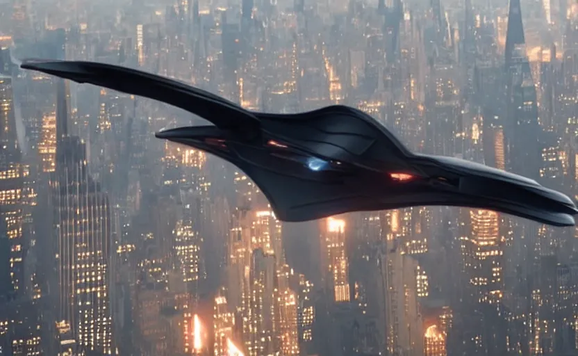 Prompt: a closeup of a spaceship designed by peter schreyer flying over NYC in style of blade runner 2049