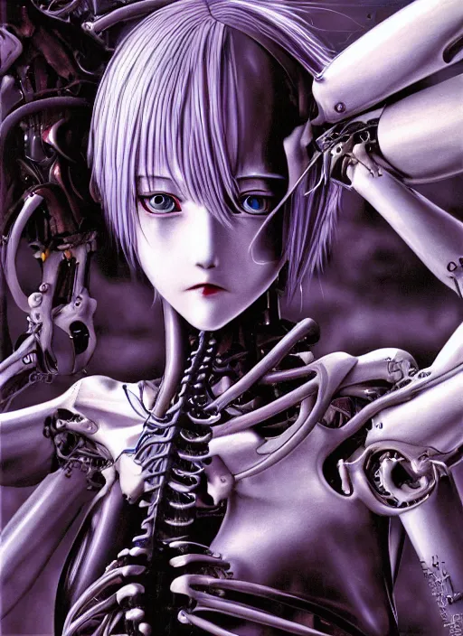 Image similar to Rei Ayanami by Yoshitaka Amano, by HR Giger, biomechanical hand, 4k, wide ayes, hyper detailed, hyperrealism, anime