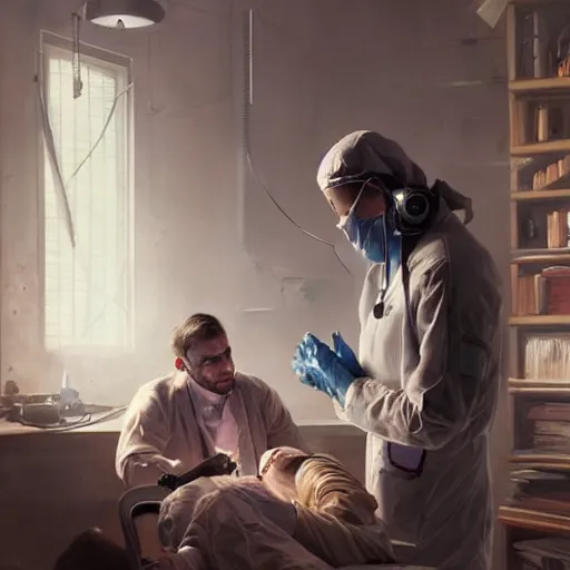 Image similar to A surgeon desperately trying to save his patient, oil painting by Cedric Peyravernay, highly detailed, cinematic concept art, dramatic lighting