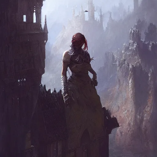 Image similar to fighter, dungeons and dragons character, castle background, gorgeous view, depth, high detail, digital art, painted by greg rutkowski, painted by seb mckinnon, painted by jeremy mann, trending on artstation