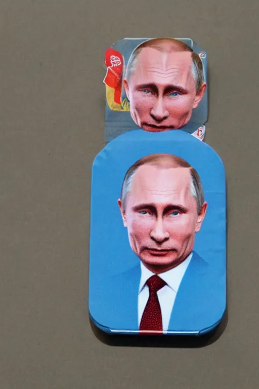 Prompt: vladimir putin's face on a kinder packaging