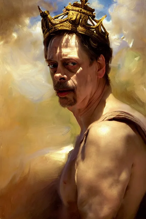 Image similar to beautiful detailed expressive impressionistic oil painting portrait of ancient roman god emperor steve buscemi ascending on high wearing the civic crown, renaissance painting, dark background, art by anders zorn, wonderful masterpiece by greg rutkowski, expressive brush strokes, beautiful cinematic light, american romanticism by greg manchess, jessica rossier
