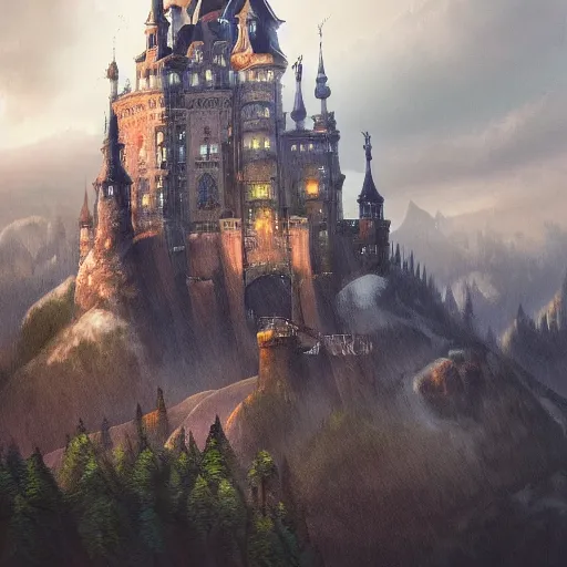 Image similar to a digital painting in the style of ilya lushnikov of a magnificent light grey high fantasy castle on top of a mountain. below is a bustling town filled with people, artstation, rainy weather, brushtrokes