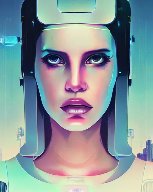 Image similar to portrait of lana del rey as a cyborg. intricate abstract. intricate artwork cyberpunk by tooth wu, wlop, beeple, dan mumford. octane render, trending on artstation, greg rutkowski ruan jia very coherent symmetrical artwork. cinematic, hyper realism, high detail, octane render, 8 k, key art, blue and pink iridescent accents