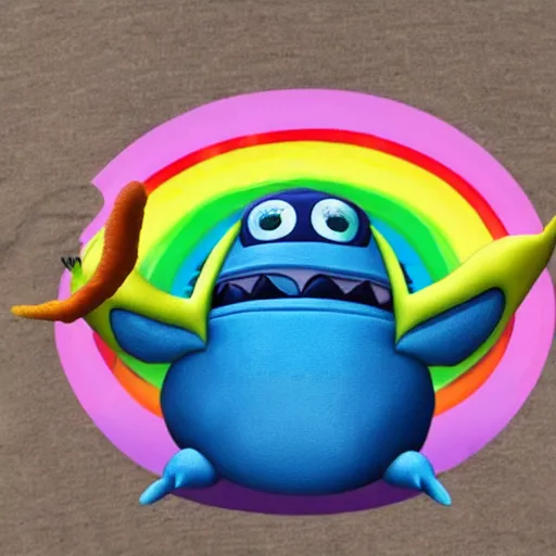 Prompt: stitch the alien with rainbow stripes