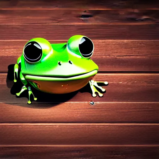 Prompt: a robot frog on a wooden table, photorealistic, 8K, accurate