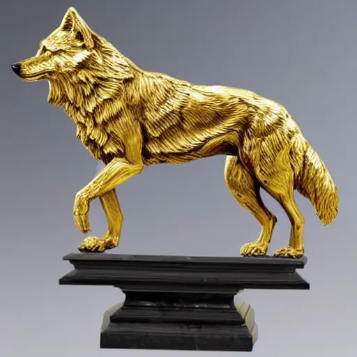 Image similar to gorgeous wolf statue with gold filigree, carved marble