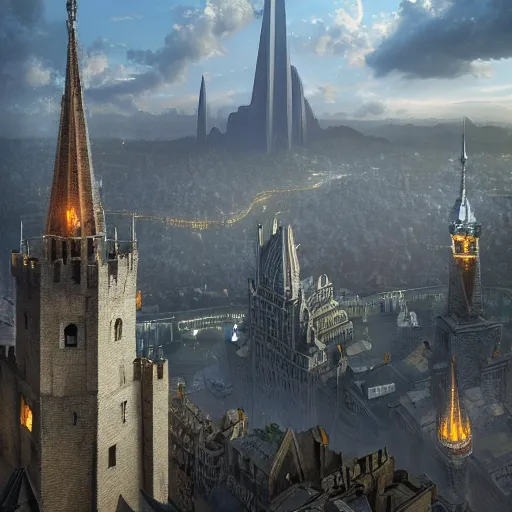 Image similar to an ultra detailed matte painting of the one impossibly tall ominous black spire in the palace district on an island in a river elevated high above the city fortress tower, fantasy capital city, ultrawide lense, aerial photography, volumetric lighting, exquisite detail, octane render, 8 k postprocessing, art by artgerm and greg rutkowski and alphonse mucha