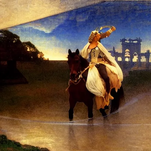 Image similar to Magician riding a horse leaving the castle through the bridge, thunderstorm, beach ocean on the background major arcana sky, by paul delaroche, alphonse mucha and arnold böcklin arnold böcklin hyperrealistic 8k, very detailed