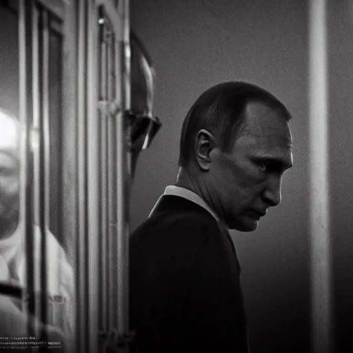 Prompt: alexei navalny with vladimir putin in the dark gloomy prison, dramatic lighting, highly detailed