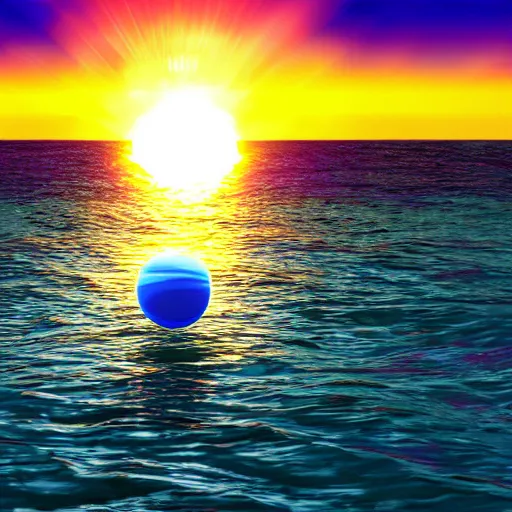 Image similar to Photo of a shimmery glowing orb emerging from the ocean over a synthwave sunset, ultrarealistic
