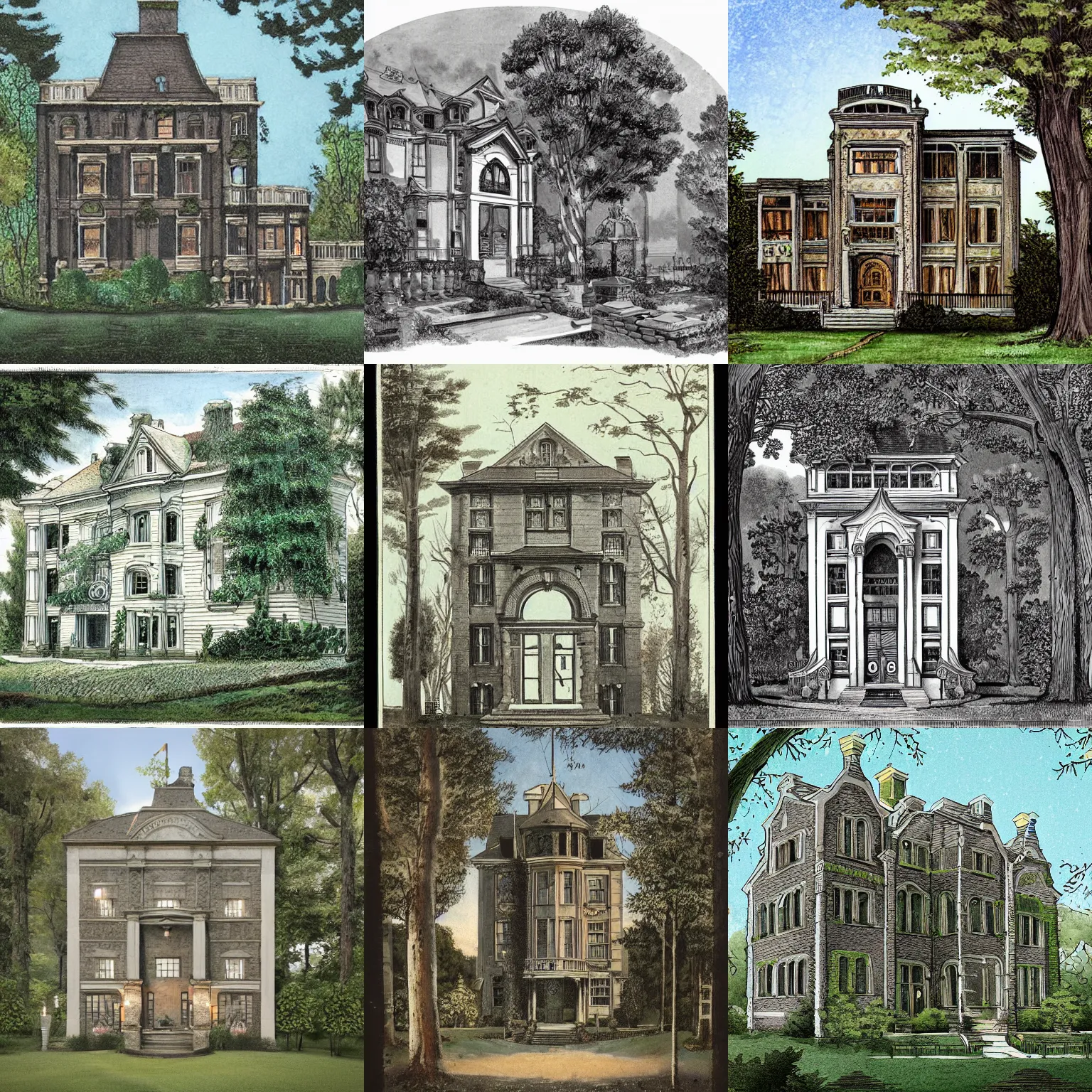 Prompt: Erie turn of the century mansion with an ancient portal in it\'s forested backyard illustration