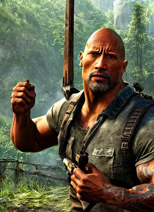 Prompt: dwayne johnson in the last of us, gameplay screenshot, close up, 3 d rendering. unreal engine. amazing likeness. very detailed.