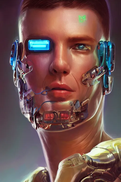 Image similar to illustration of an male cyberpunk character wearing bionic implants, criminal mugshot, highly detailed, oil on canvas, soft lighting, neon pastel colors, by WLOP and Greg Staples, HD, 4K