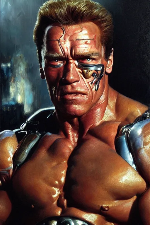 Prompt: muscular arnold schwarzenegger as terminator, exhausted face close up, highly detailed painting by gaston bussiere, craig mullins, j. c. leyendecker 8 k