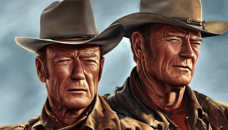 Image similar to Digital painting of John Wayne and Clint Eastwood, hyperdetailed, artstation, cgsociety, 8k