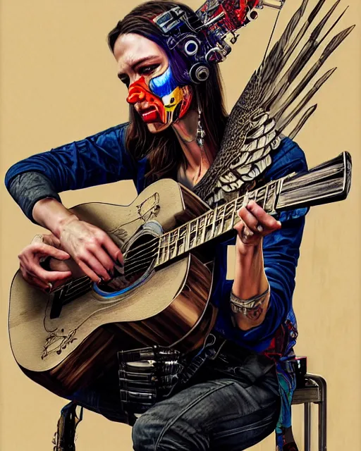 Prompt: a portrait of an anthropomorphic cyberpunk eagle strumming an acoustic guitar by sandra chevrier, by jon foster, detailed render, tape deck, epic composition, cybernetics, 4 k realistic, cryengine, realistic shaded lighting, sharp focus, masterpiece, by enki bilal