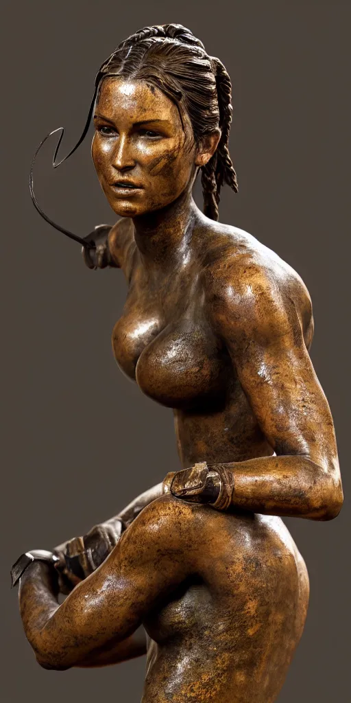 Image similar to detailed photo of an old bronze patina statue of a beautiful lara croft posing for a full body portrait, photorealismintricate detail, museum diffuse lighting