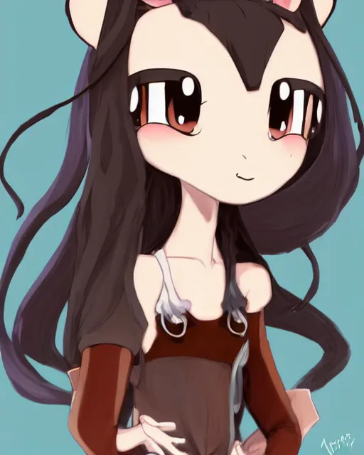 Image similar to A cute wakfu-style frontal painting of a very very beautiful anime skinny mousegirl with long wavy brown colored hair and small mouse ears on top of her head wearing a cute black dress and black shoes looking at the viewer, elegant, delicate, feminine, soft lines, higly detailed, smooth , pixiv art, ArtStation, artgem, art by alphonse mucha Gil Elvgren and Greg rutkowski, high quality, digital illustration, concept art, very long shot, game character