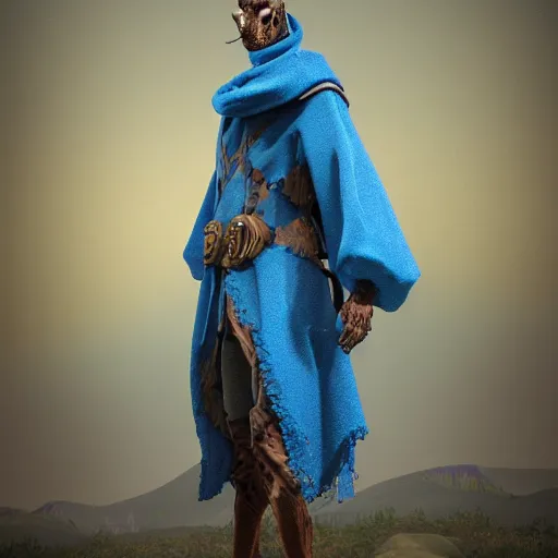 Image similar to a highly detailed portrait of a humanoid giraffe in a blue cloak, adventurer, artstation, deviantart, professional, unreal engine 5, octane render