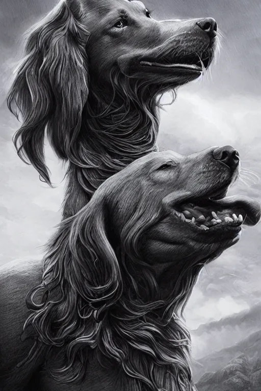 Image similar to Dog as a god, detailed face, gorgeous, amazing, flowing hair, very muscular male body, partial anatomy, stormy background, caesar victorious, proud Emperor, crepuscular ray, intricate, highly detailed, 8K, digital painting, fantasy, artstation, concept art, sharp focus, over-shoulder shot, illustration, art by greg rutkowski beeple and alphonse mucha