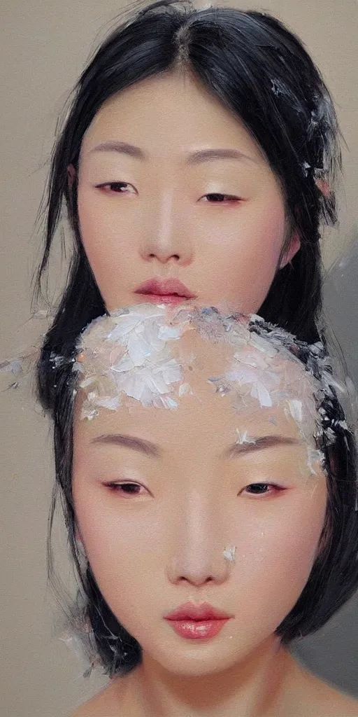 Image similar to beautiful highly detailed and expressive oil painting of a korean woman's face formed by petals, masterpiece, dynamic lighting,