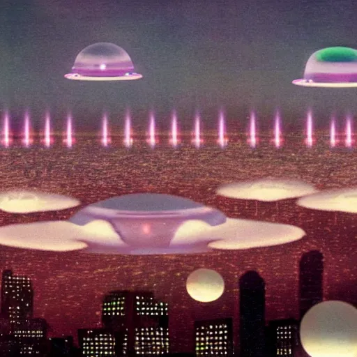 Prompt: flying saucers destroying a city with lasers