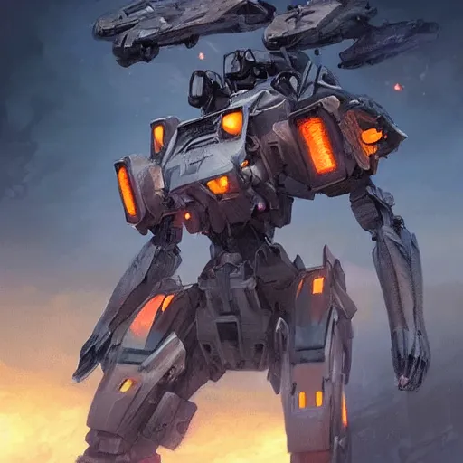 Image similar to portrait of timberwolf battlemech on fire, battle damage, sunset glow around head, full body portrait, intricate, elegant, highly detailed, digital painting, artstation, concept art, smooth, sharp focus, illustration, art by artgerm and greg rutkowski and alphonse mucha, background is a city in ruins