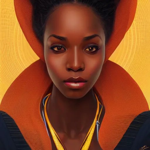 Prompt: portrait of very very very very very very beautiful african woman, spacesuit, orange eyes, intricate, elegant, highly detailed, digital painting, artstation, concept art, smooth, sharp focus, illustration, art by artgerm and greg rutkowski and alphonse mucha