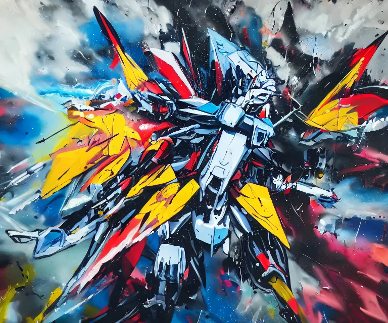 Image similar to acrylic and spraypaint action shot of a giant gundam battling in space, explosions, graffiti wildstyle, large brush strokes, painting, paint drips, acrylic, clear shapes, spraypaint, smeared flowers, origami crane drawings, large triangular shapes, painting by ashley wood, totem 2, jeremy mann, masterpiece