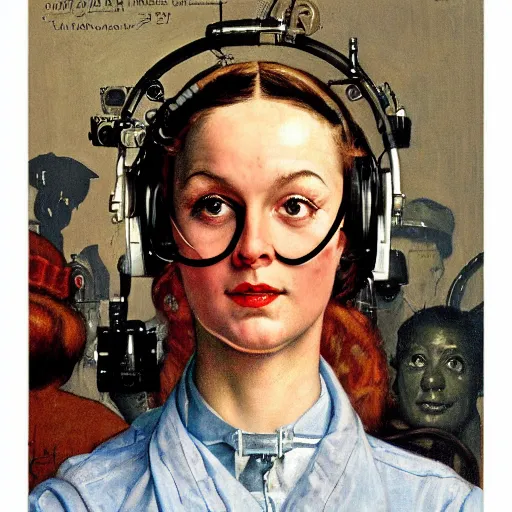 Image similar to Face portrait of a tech witch. Painting by Norman Rockwell.