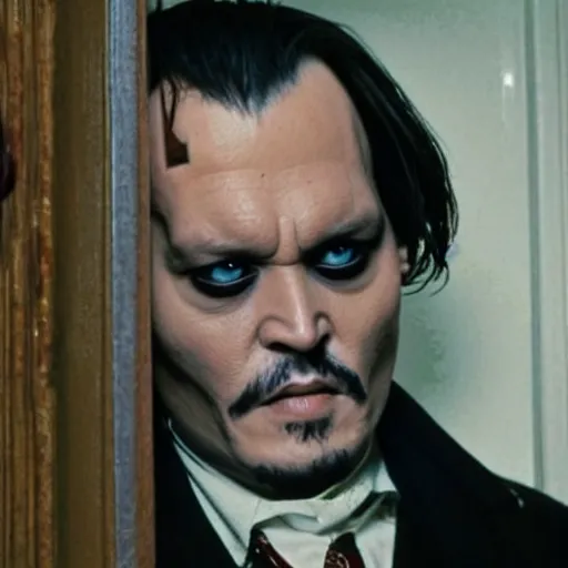 Prompt: Johnny Depp as Jack Torrance in Shining looking through the hole in the broken door